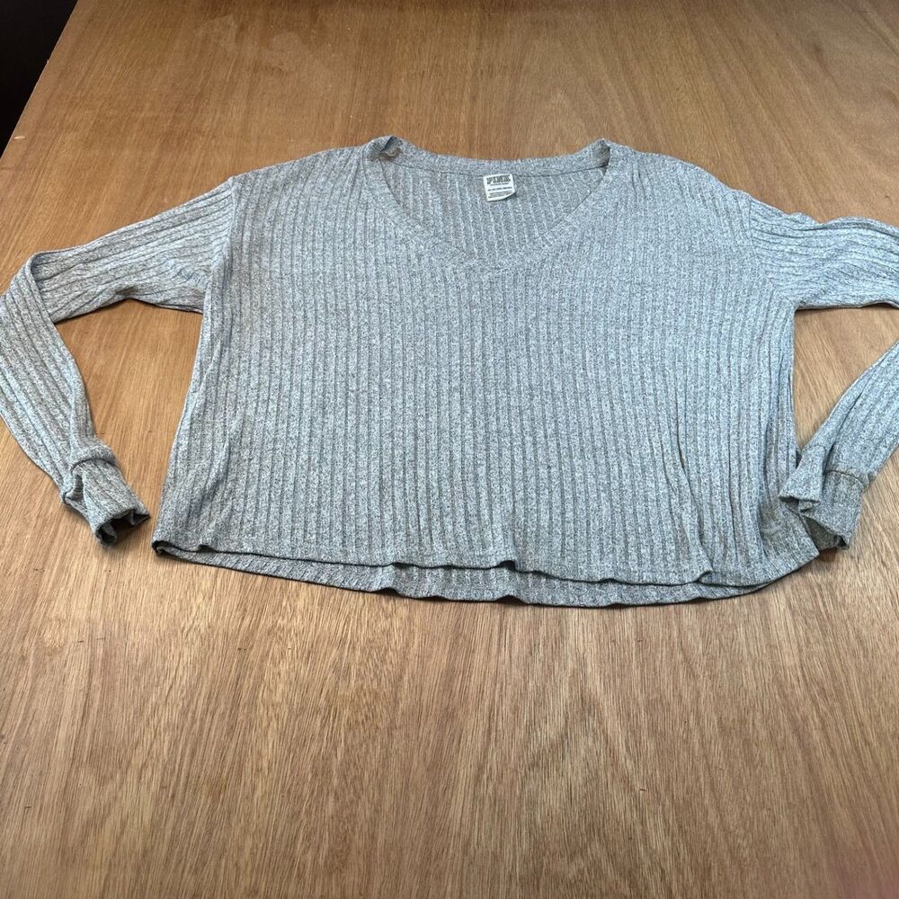 PINK Victoria Secret Ribbed Sweater Womens XS Gray Crop Dog Logo Long Sleeve
